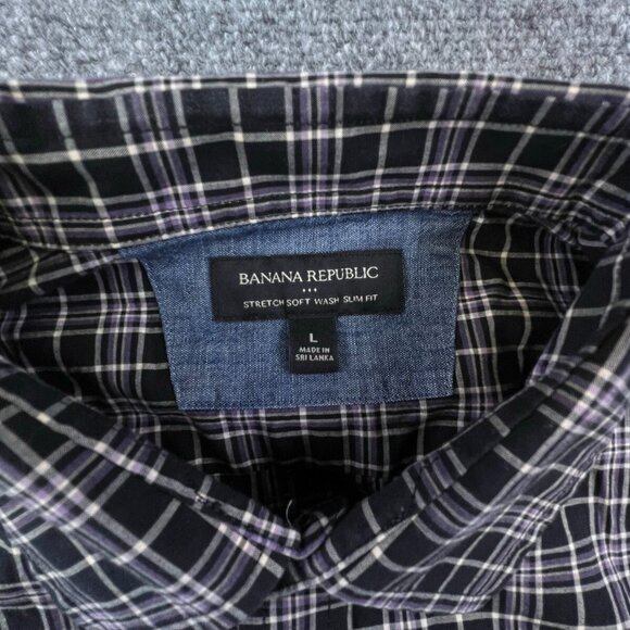 Banana Republic Button Up Shirt Men Large Purple Black Check Stretch Slim - Picture 5 of 9